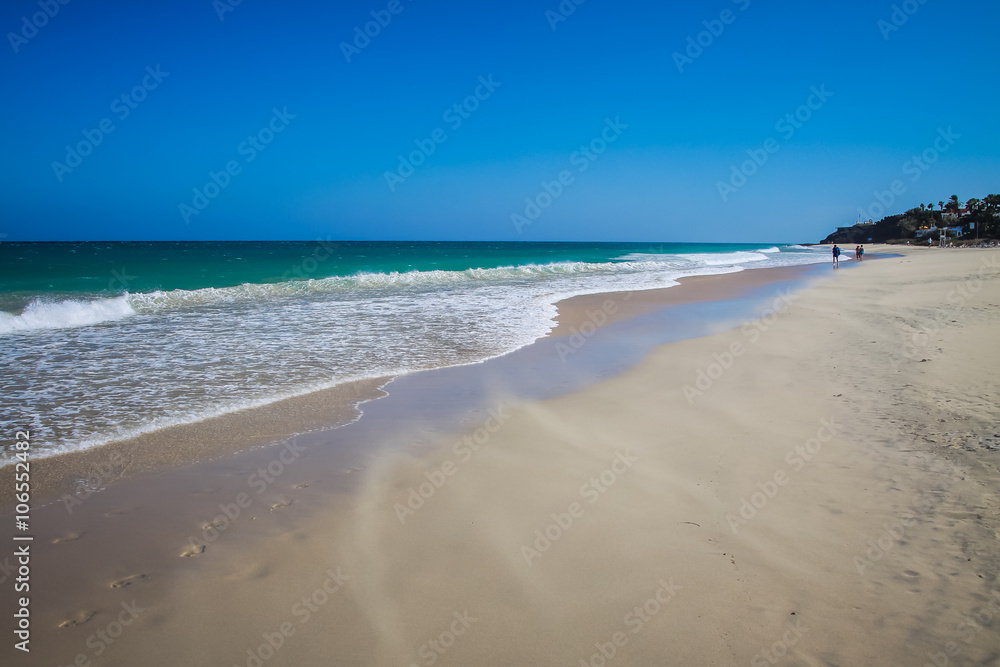 Fototapeta premium Amazing sandy beach and blue ocean in Fuereventua, Canary Island ,Spain