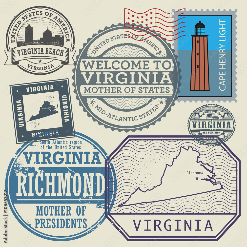 Stamp set with the name and map of Virginia, United States