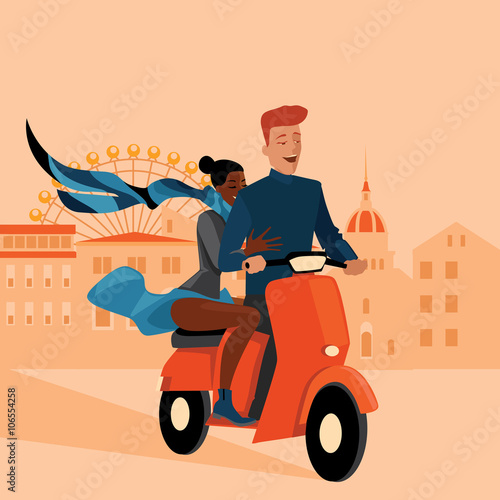 Vector illustration of a couple on a scooter on a city background, cartoon style