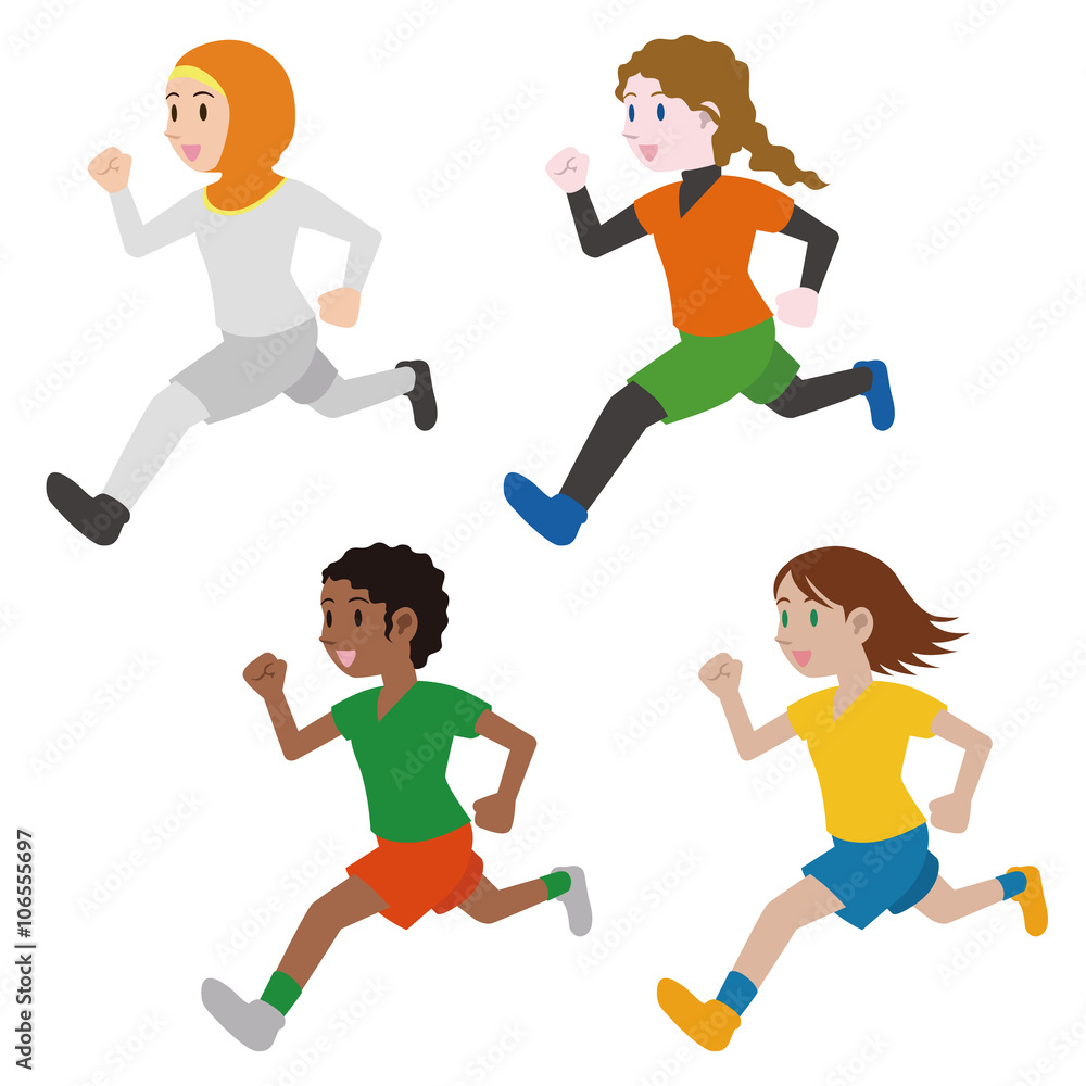 running multicultural girls, clipping illustration set, track and field, football, soccer, worldwide friendship, vector running multicultural girls, clipping illustration set, track and field, football, soccer, worldwide friendship, vector