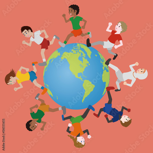 multicultural boys and girls running around the earth, track and field, football, soccer, worldwide friendship, vector