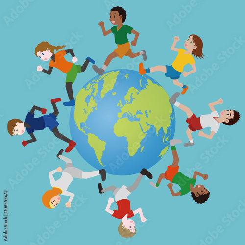 multicultural boys and girls running around the earth, track and field, football, soccer, worldwide friendship, vector
