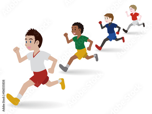 lined running various races boys, clipping illustration set, track and field, football, soccer, worldwide friendship, vector