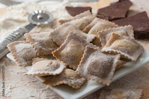 Homemade Italian ravioli stuffed with sweet chocolate.