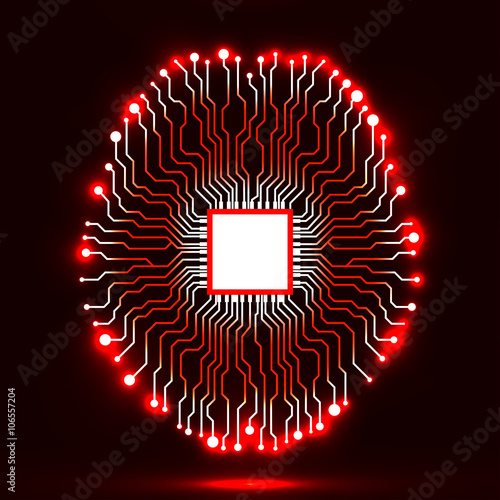 Neon brain. Cpu. Circuit board. Abstract technology background
