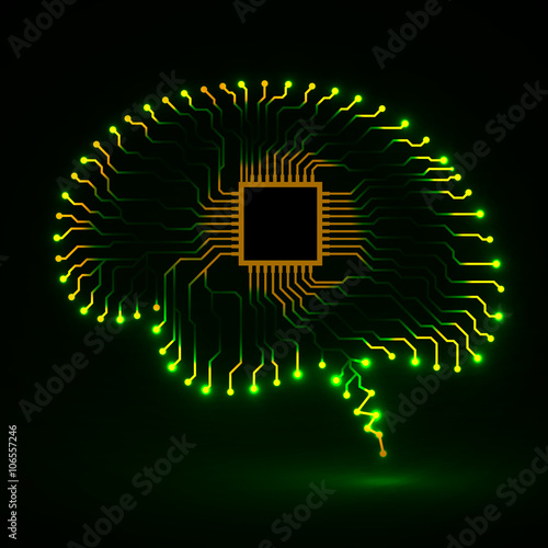 Neon brain. Cpu. Circuit board. Abstract technology background.