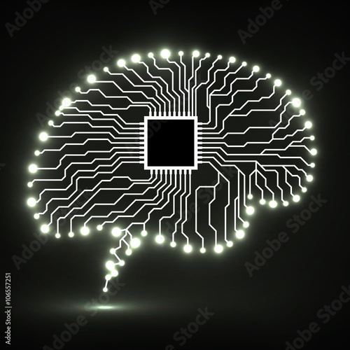 Neon brain. Cpu. Circuit board. Abstract technology background.