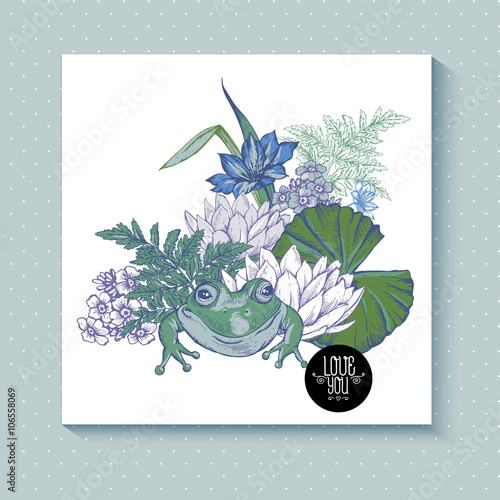 Vintage pond watery flowers vector greeting card