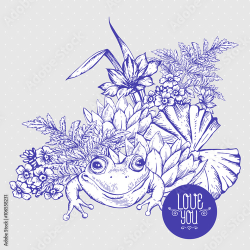 Vintage pond watery flowers vector greeting card