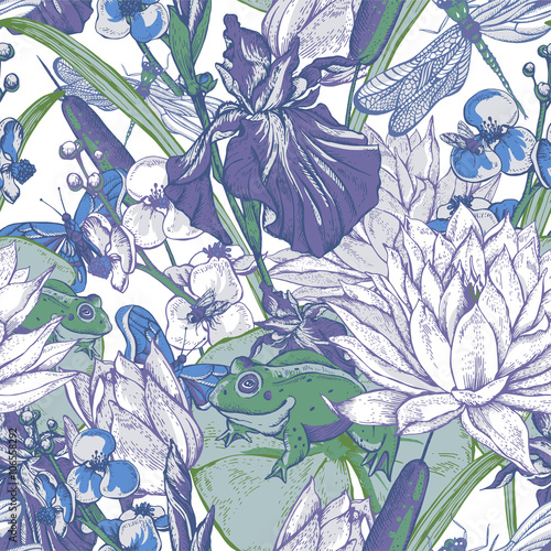 Vintage pond water flowers vector seamless pattern