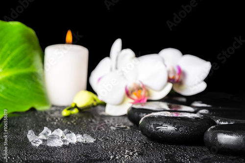 beautiful spa setting of sea salt  black zen stones  white orchi