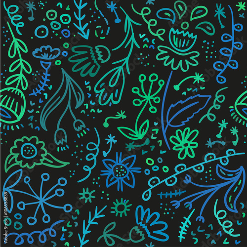 Seamless sketch floral pattern in turquoise and green colors.