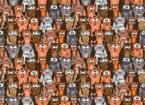 Kittens and cats seamless pattern. Vector endless background design. Funny cartoon pets.