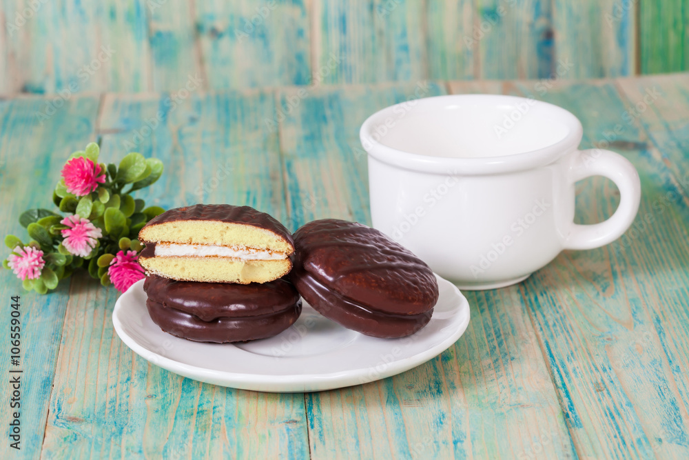 chocolate Sponge sandwich pie on wood table chocolate Sponge sandwich pie on wood table