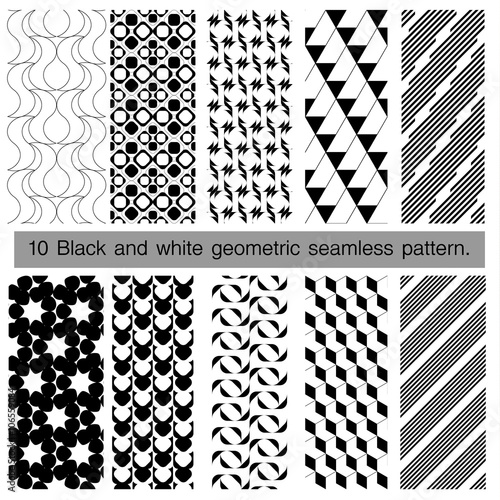 Collection of black and white geometric seamless pattern.