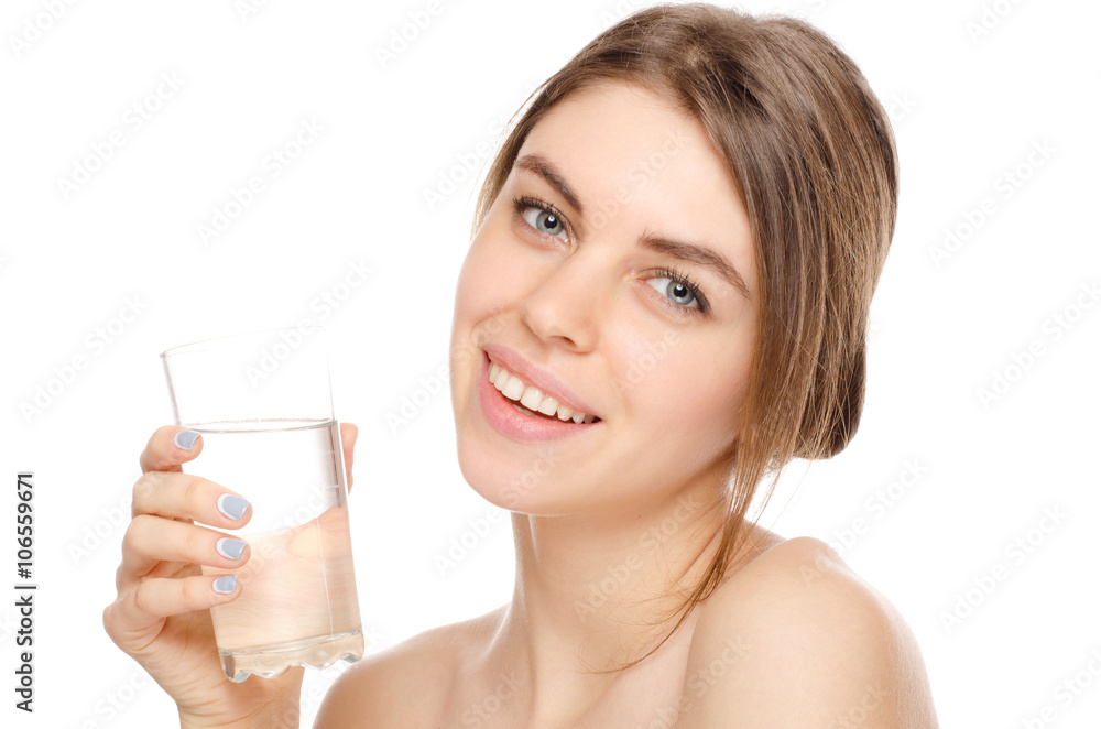 portrait of attractive caucasian smiling woman isolated on white studio shot drinking water portrait of attractive caucasian smiling woman isolated on white studio shot drinking water