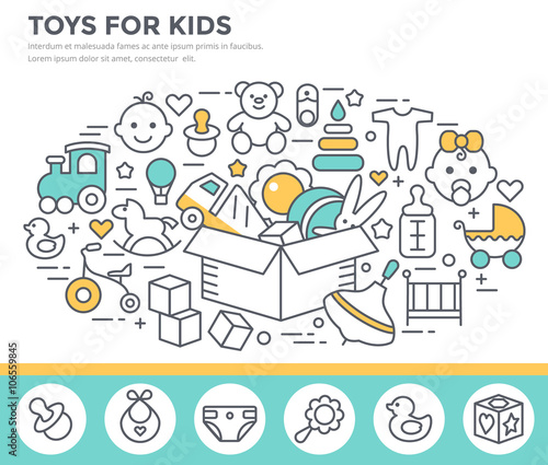 Toys and goods for baby concept illustration, thin line flat design