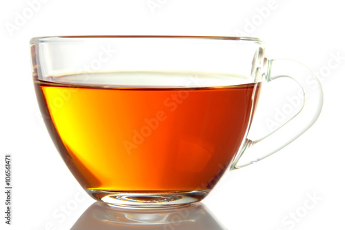 Cup with fresh green tea on white isolated background