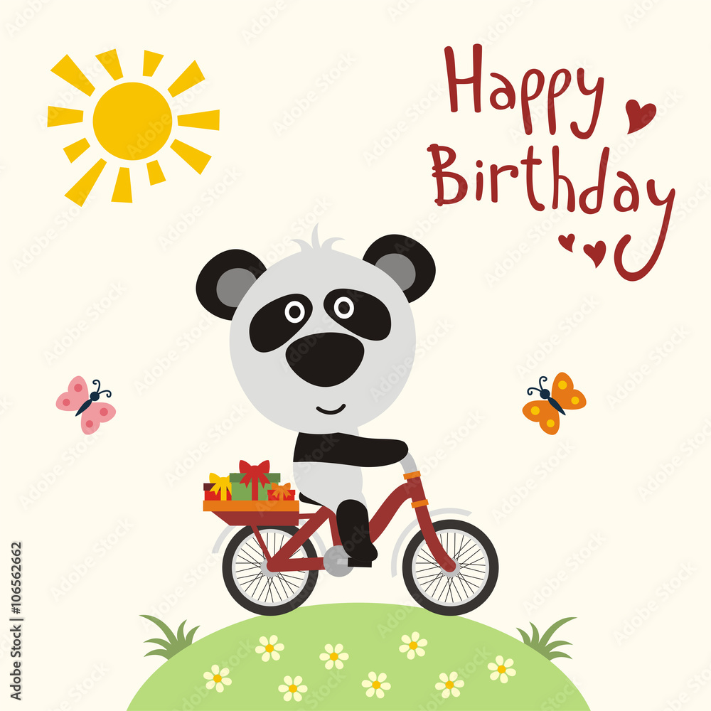 Happy birthday! Funny panda bear on bike carries birthday gifts. Happy  birthday card. Cartoon panda bear on bike. Vector birthday card with cute  little panda. Stock Vector | Adobe Stock