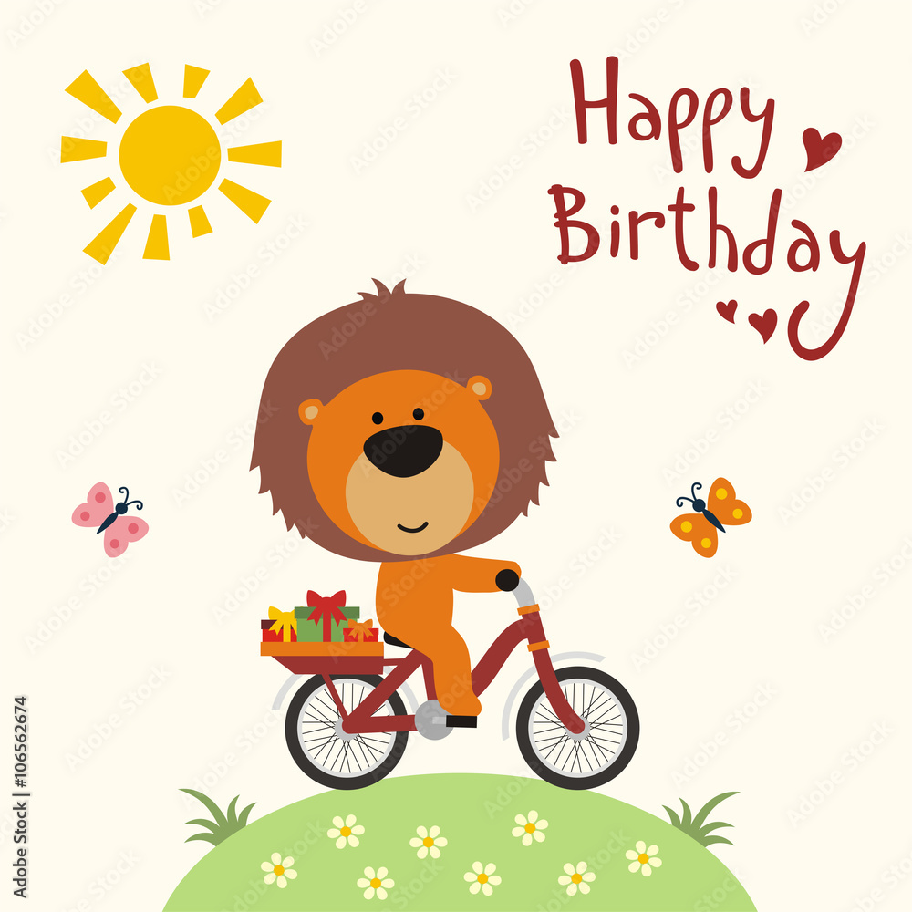 Happy birthday! Funny little lion on bike carries birthday gifts. Happy birthday card. Cartoon lion on bike. Vector birthday card with cute little lion. Happy birthday! Funny little lion on bike carries birthday gifts. Happy birthday card. Cartoon lion on bike. Vector birthday card with cute little lion.