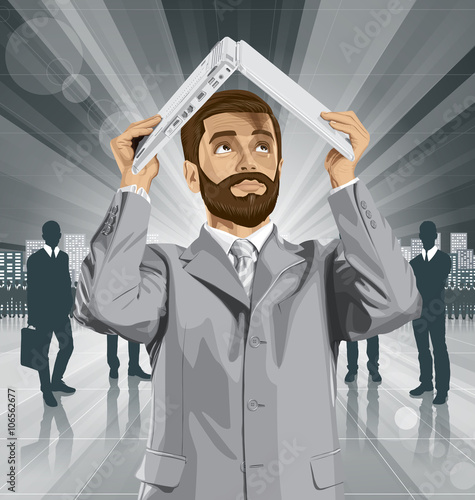 Vector Business Man Hides Under The Laptop