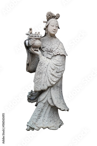 wooden statue of a woman with a jug on white background and clip