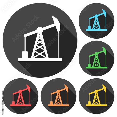 Oil Rig Icon, Oil pump jack icons set with long shadow