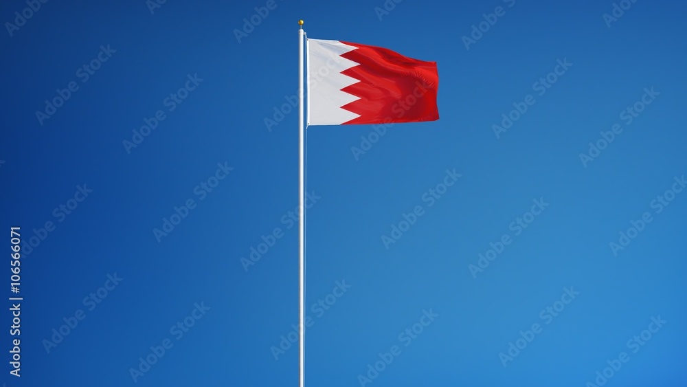 Bahrain flag waving in slow motion against clean blue sky, seamlessly looped, long shot, isolated on alpha channel with black and white luminance matte, perfect for film, news, digital composition Bahrain flag waving in slow motion against clean blue sky, seamlessly looped, long shot, isolated on alpha channel with black and white luminance matte, perfect for film, news, digital composition