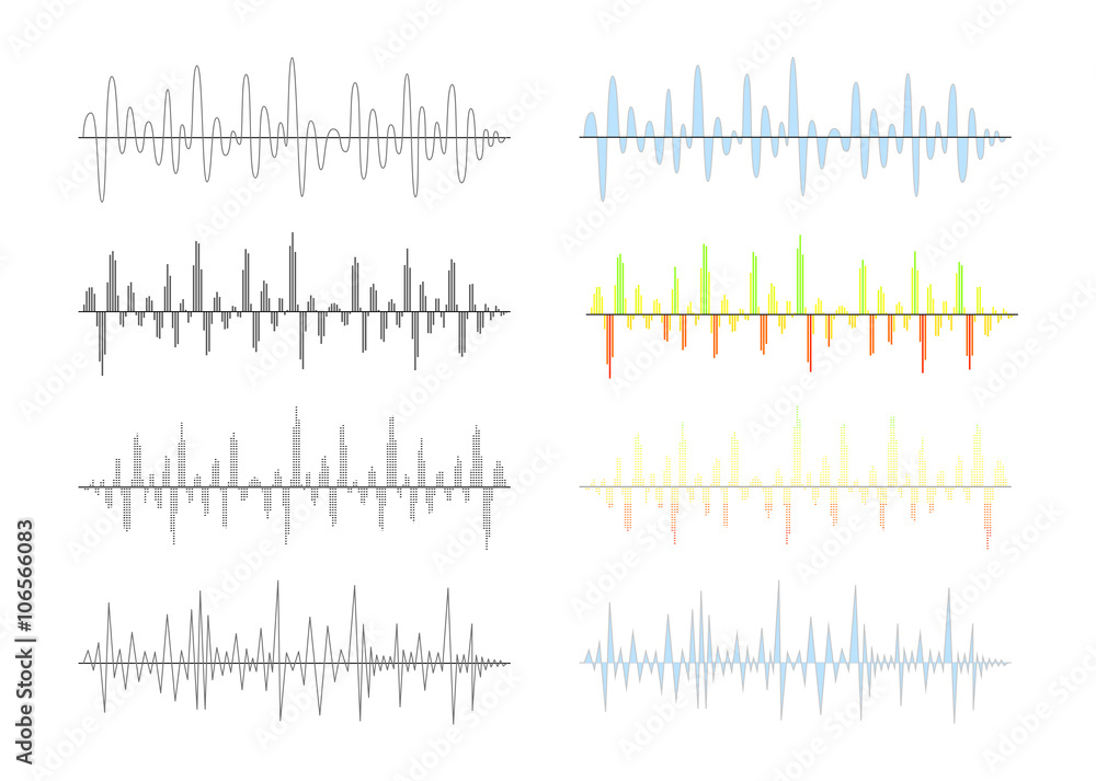 Set of different analog and digital signal waves graphs on white Set of different analog and digital signal waves graphs on white