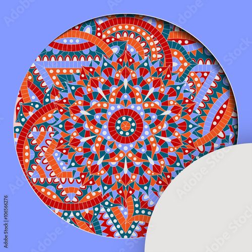 Round pattern with chakra manipura and text place. Oriental ornaments for banners, cards and for your design. Buddhism decorative elements. Red, orange and blue colors. Vector illustration.