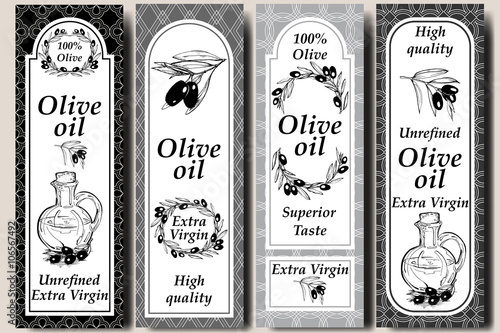 Vector packaging design elements and templates for olive oil labels and bottles - seamless patterns for background and stickers with logos. Hand drawn olive branch with olives, bottle of olive oil