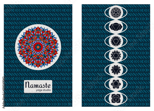 Yoga studio business template with chakra pictograms. Set of chakras used in Hinduism, Buddhism and Ayurveda. Elements for your design. Vector illustration.