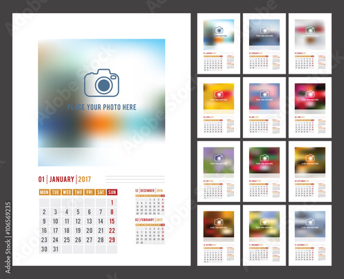 Design of Wall Monthly Calendar for 2017 Year. Print Template with Place for Photo, Your Logo and Text. Week Starts Monday. Portrait Orientation. Set of 12 Months. Vector.