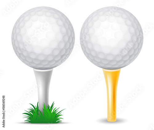Set of White Golf Ball on White Tee with Grass and on Golden Tee. Realistic Vector Illustration. Isolated on White Background.