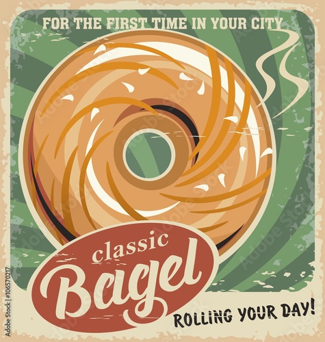 Bagel bakery vintage poster design. Retro pastry sign on old paper. Restaurant or bar interior wall decoration. Promotional ad or flyer concept. Fresh baked products. Drawn bagel.