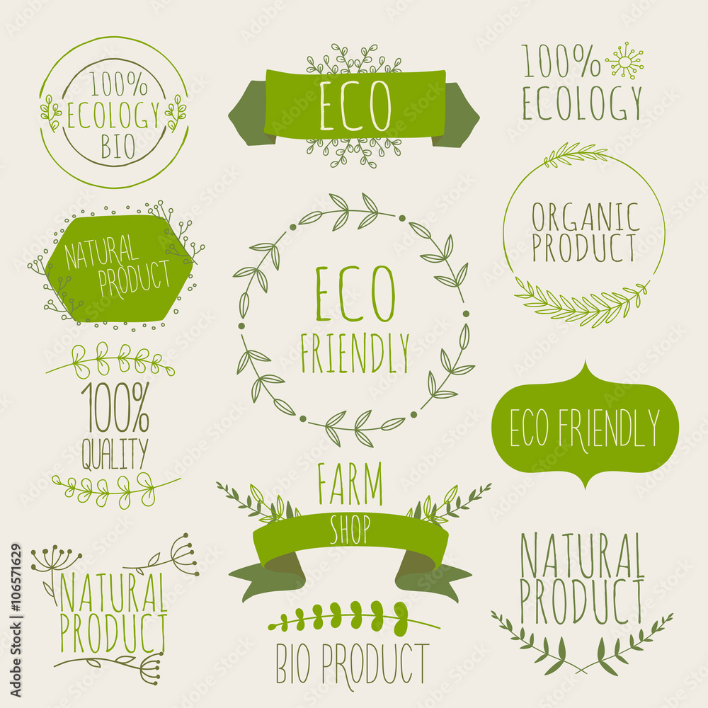 Collection of green labels and badges for organic, natural, bio