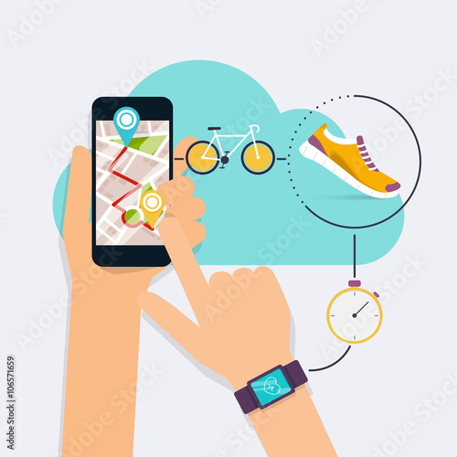 Hand holding mobile smart phone app with track displayed with ro