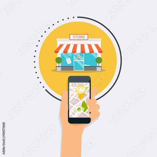 Hand holding mobile smart phone with mobile application search s