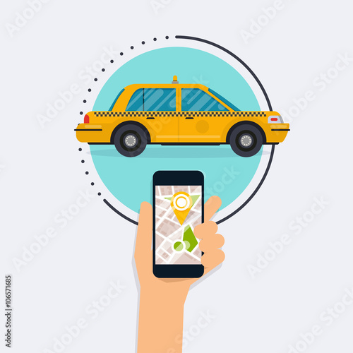 Hand holding mobile smart phone with mobile app search taxi. Vec