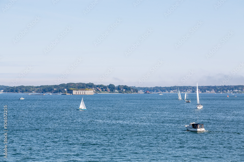 Boats in Bay of Portland with Fort in Background Boats in Bay of Portland with Fort in Background