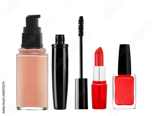 foundation, mascara, lipstick and nail polish isolated on white
