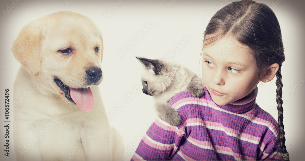 Child and kitten and puppy Child and kitten and puppy