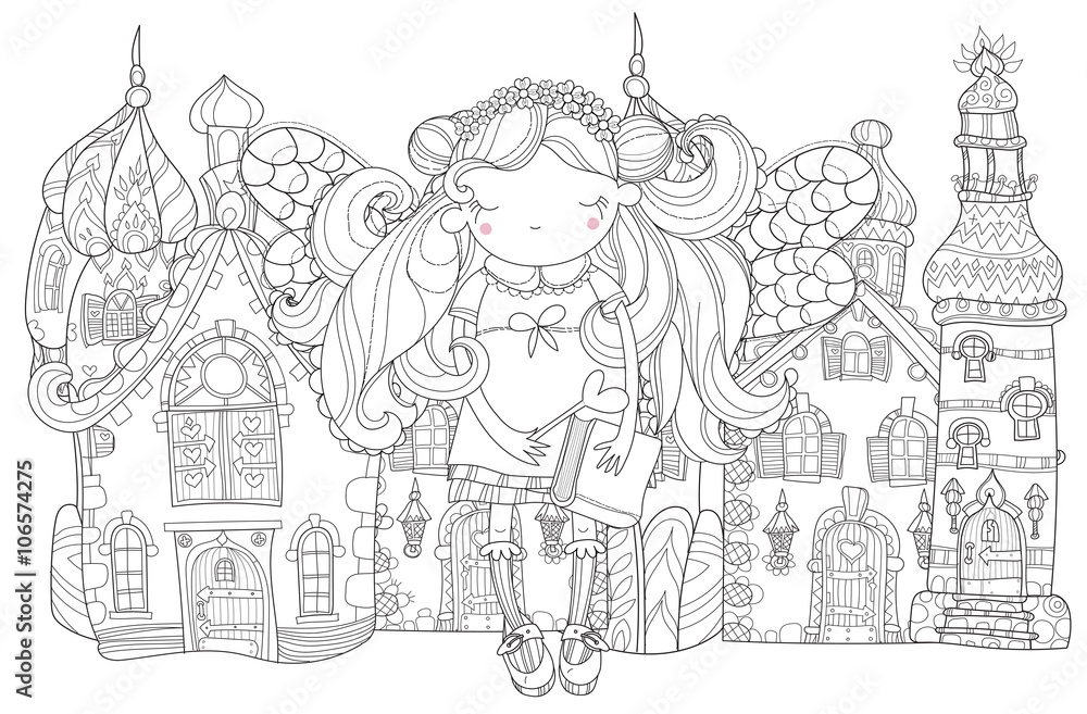 Vector cute princess fairy girl with wings in flower crown.Old fairy town city view.Vector line illustration.Sketch for postcard or print or coloring adult book.Hand drawn free boho style.