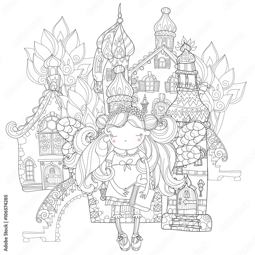 Vector cute princess fairy girl with wings in flower crown.Old fairy town city view.Vector line illustration.Sketch for postcard or print or coloring adult book.Hand drawn free boho style. Vector cute princess fairy girl with wings in flower crown.Old fairy town city view.Vector line illustration.Sketch for postcard or print or coloring adult book.Hand drawn free boho style.