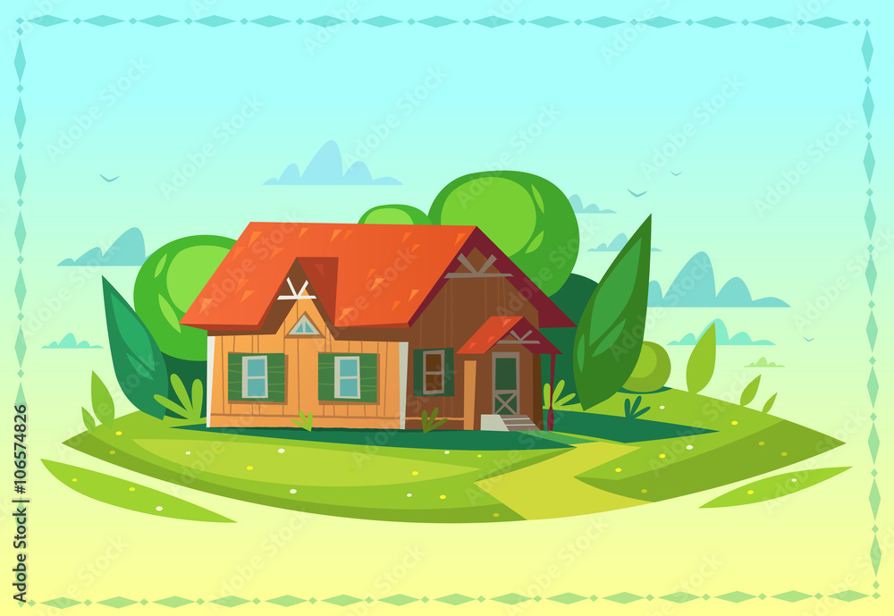 Sunlit house. Poster / card / background. Vector illustration