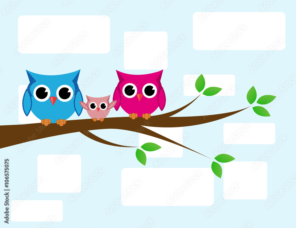 Naklejka premium cute owls couple with baby owl sitting on a branch