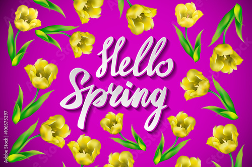 Creative green and pink texture with leaves and berries traces. Doodle circle frame with text hello spring. Vector design for spring sales, banners, advertisement.