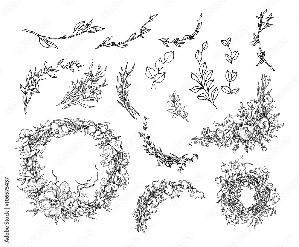 Vector hand drawn illustration. Floral background. Wreath, flowers, branches.