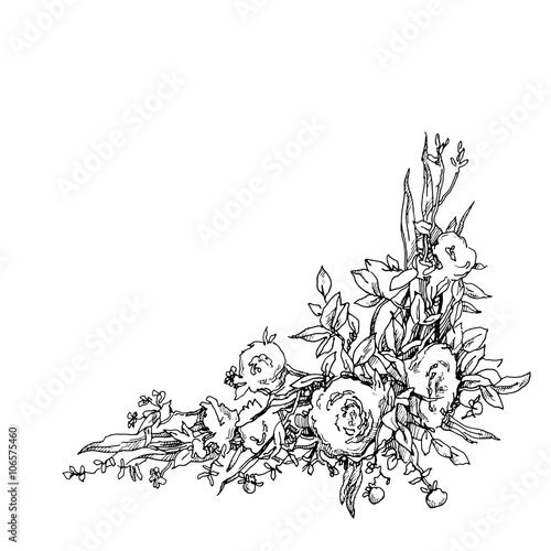 Vector hand drawn illustration. Floral background. Wreath, flowers, branches.