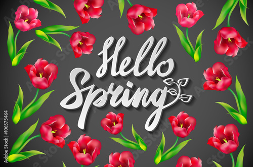 Chalk spring template. Hello spring! Spring blossoms on branches on blackboard background. Vector card template. You can place your text in the center.